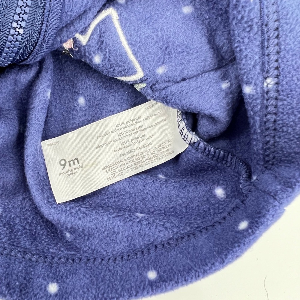Carter's Baby‎ Girl Hooded Fleece Robe 9M Purple Polka Dot Bunny Zip Front - Picture 4 of 7